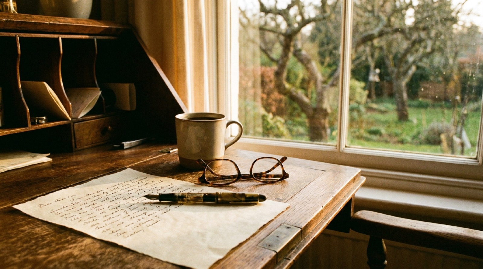 A vintage writing desk with a fountain pen resting on a half-written letter